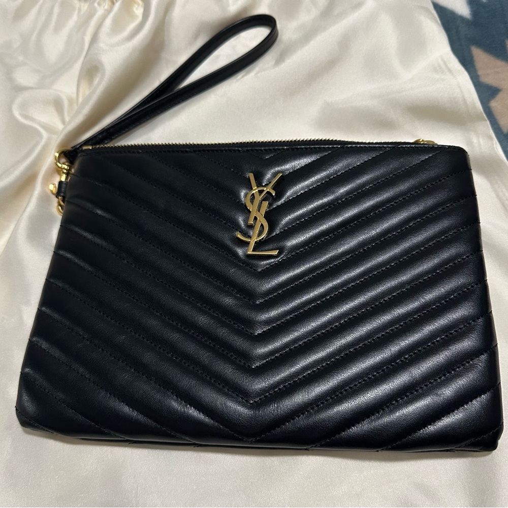 Yves Saint Laurent Black Chevron Leather Wristlet